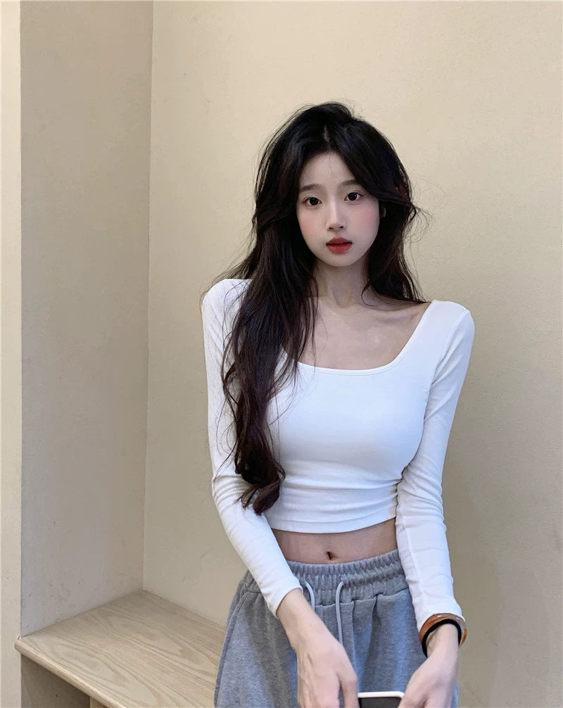 Backless Long Sleeves Slim-Fit Crop-Top Bottoming T-shirt