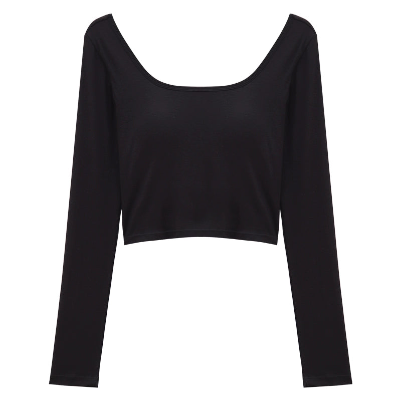 Backless Long Sleeves Slim-Fit Crop-Top Bottoming T-shirt