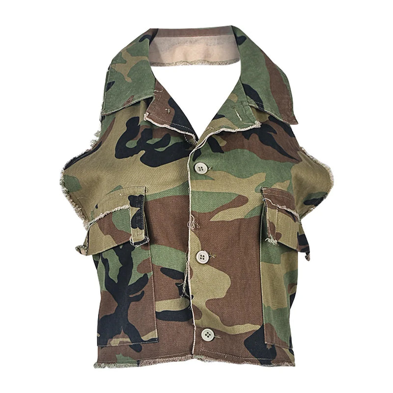 Sexy Women Camouflage Crop Tops Pocket Halter Backless Bandage Cargo Tank Vest Single Breasted Turn Down Collar Camo Bustier Top