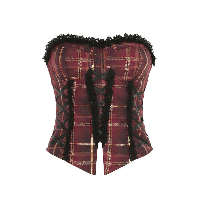 Sexy Lace-Trimmed Irregular Strappy Plaid Backless Tube Vest