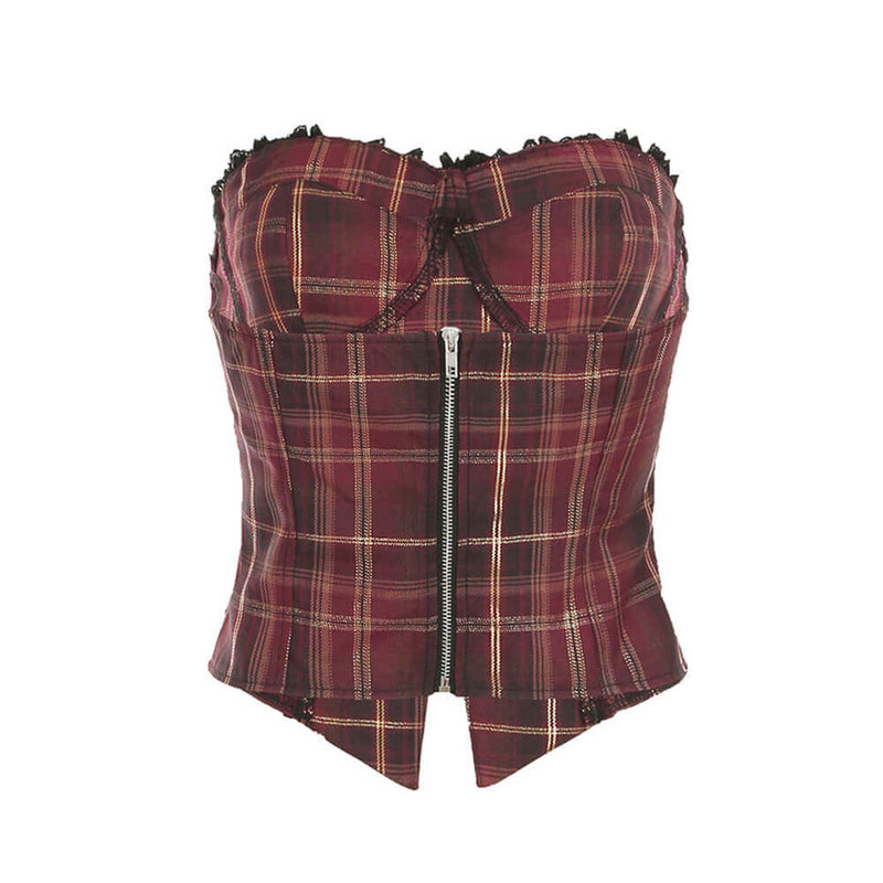 Sexy Lace-Trimmed Irregular Strappy Plaid Backless Tube Vest