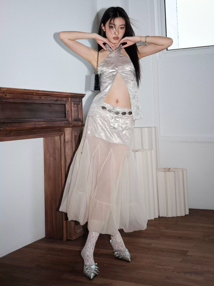 halterneck backless lace-up vest