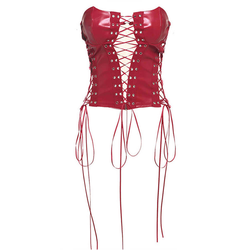 Sexy Slim Backless Lace-Up Hollow PU Leather Top