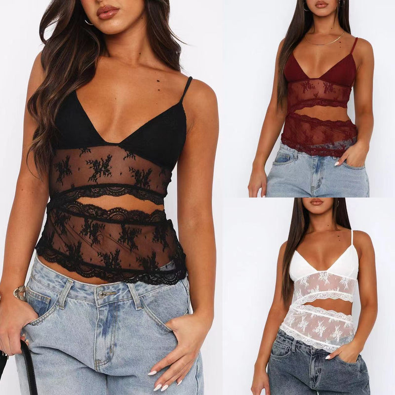 Women’s Backless Tank Top - Lace V Neck Sling