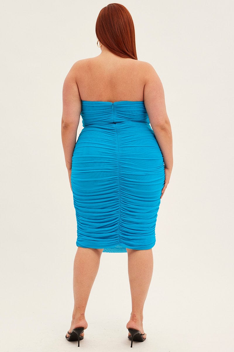 Blue Midi Dress Strapless Bodycon Mesh Ruched Side