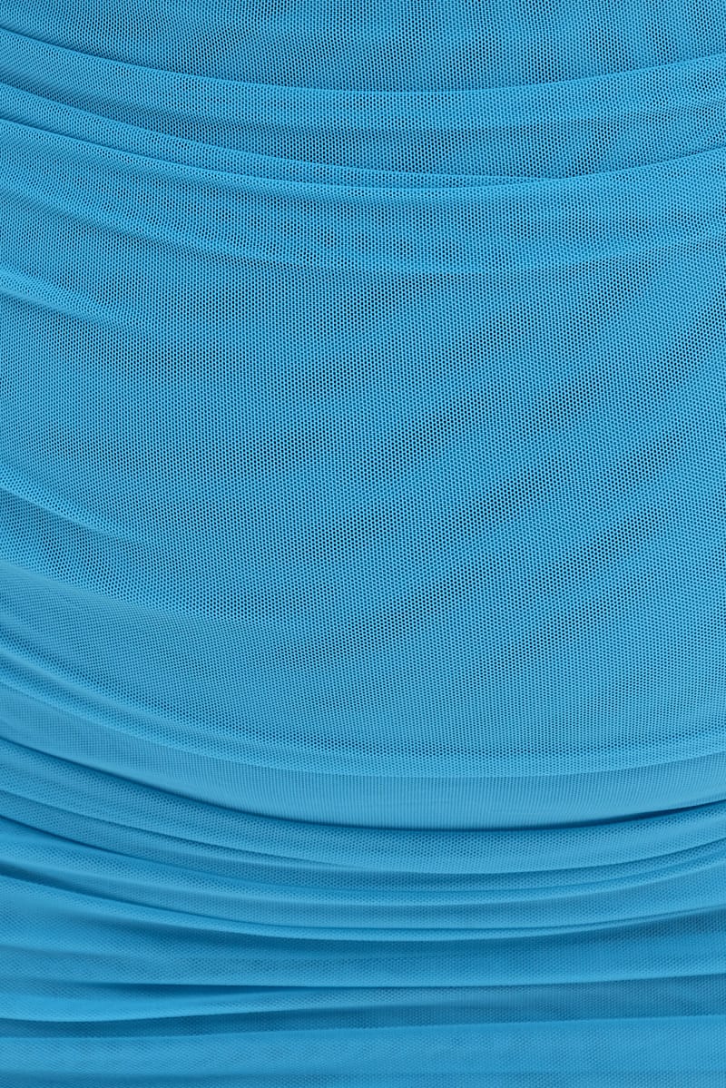 Blue Midi Dress Strapless Bodycon Mesh Ruched Side