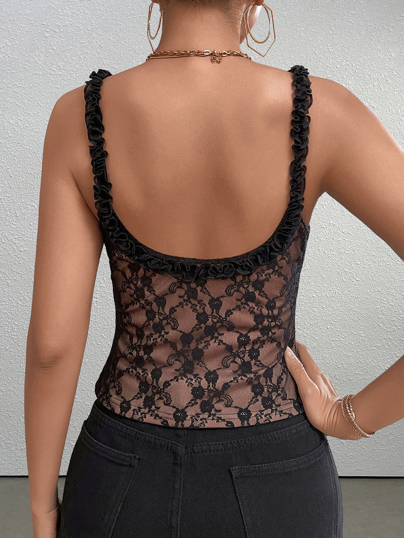 Trim Straps Tie Front Backless Lace Top