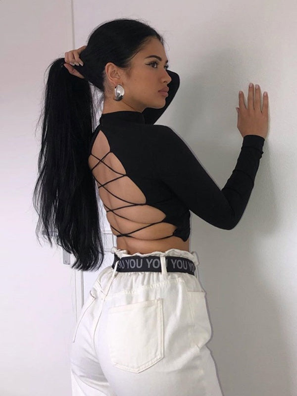 Liber Spring Women's Backless Solid Color T-shirts