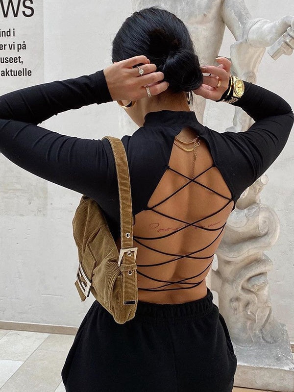 Liber Spring Women's Backless Solid Color T-shirts