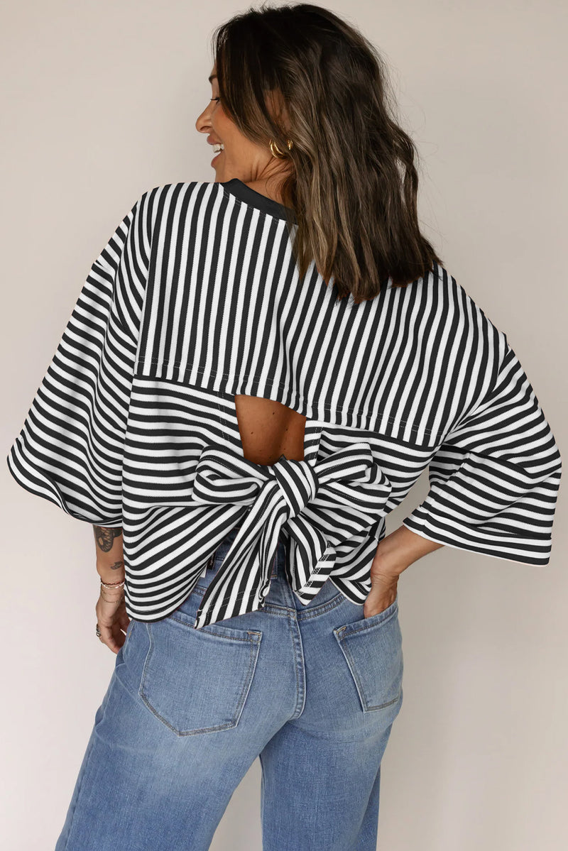 Black Stripe Bowknot Backless T-Shirt