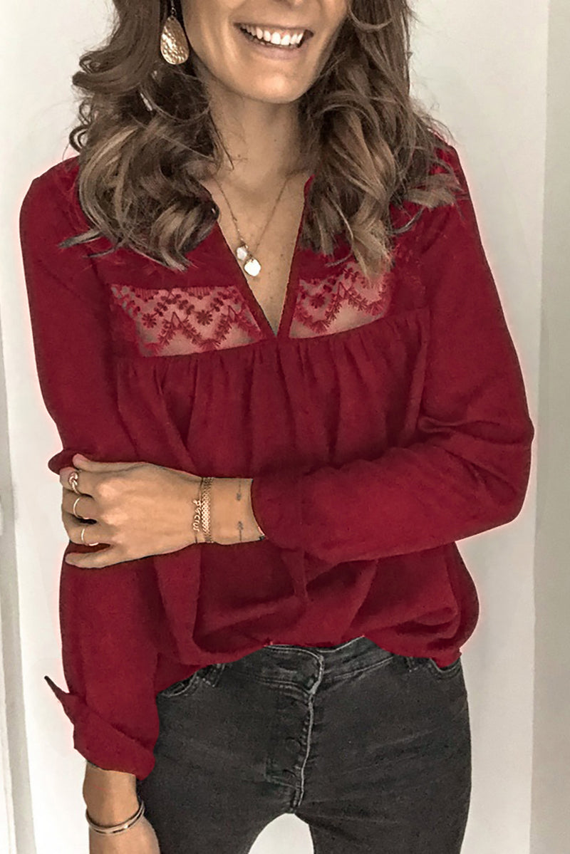 Patchwork Lace Cut out Backless V Neck Shirt