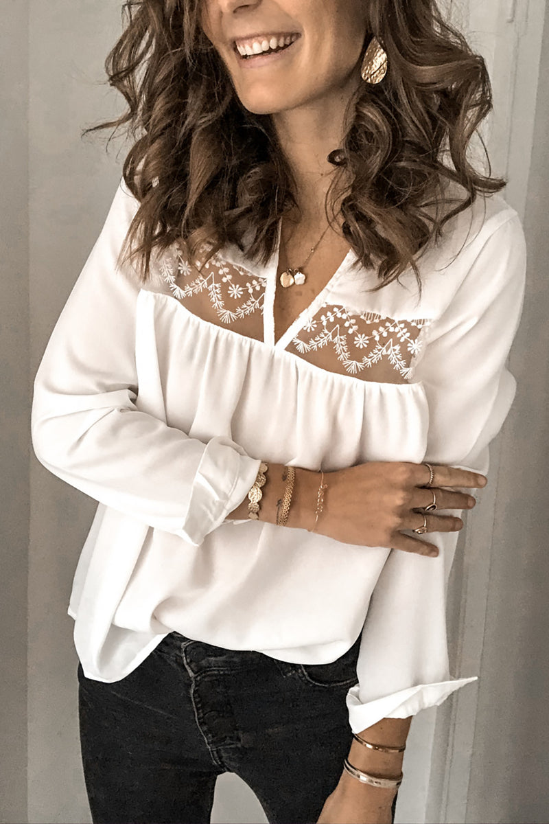 Patchwork Lace Cut out Backless V Neck Shirt