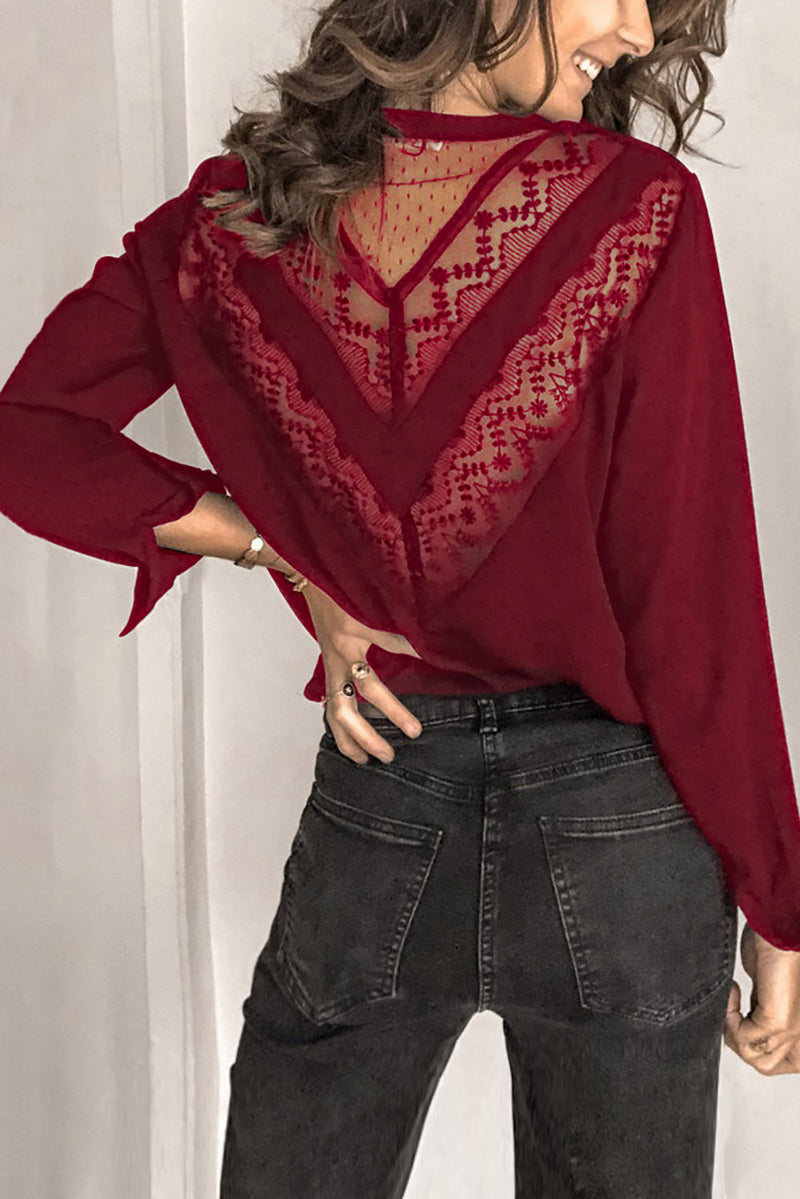 Patchwork Lace Cut out Backless V Neck Shirt