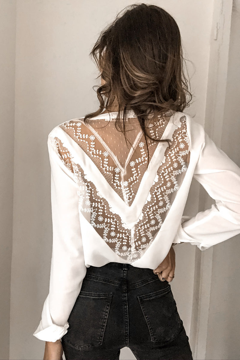 Patchwork Lace Cut out Backless V Neck Shirt