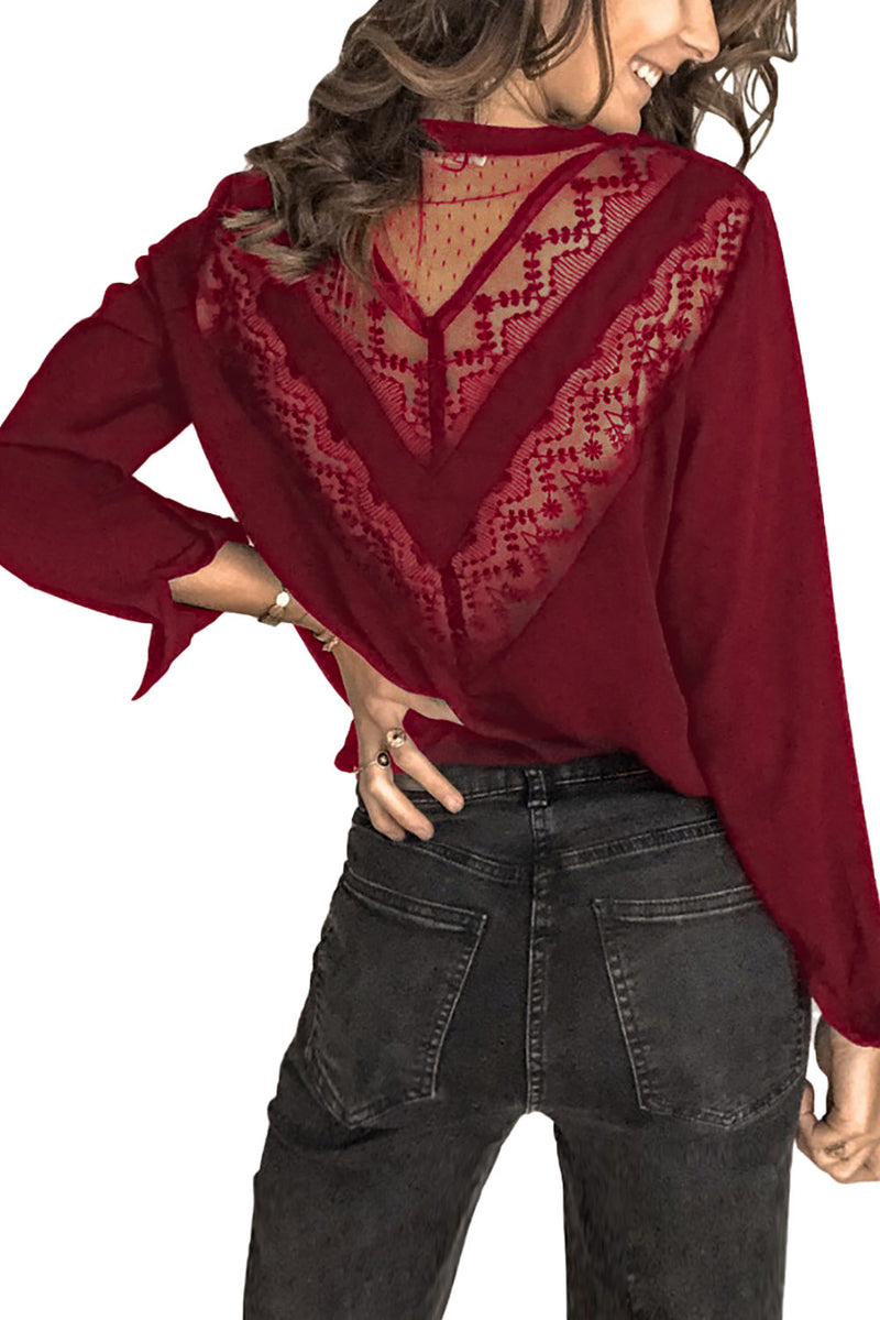 Patchwork Lace Cut out Backless V Neck Shirt