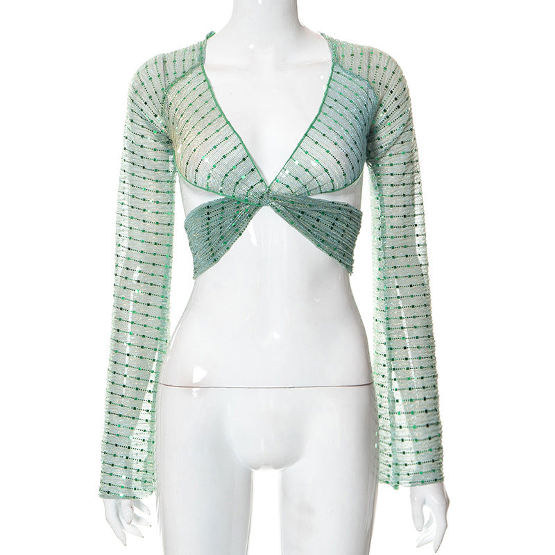 Pure Color Sequins Pullover Long Sleeve Tied Backless Gauzy