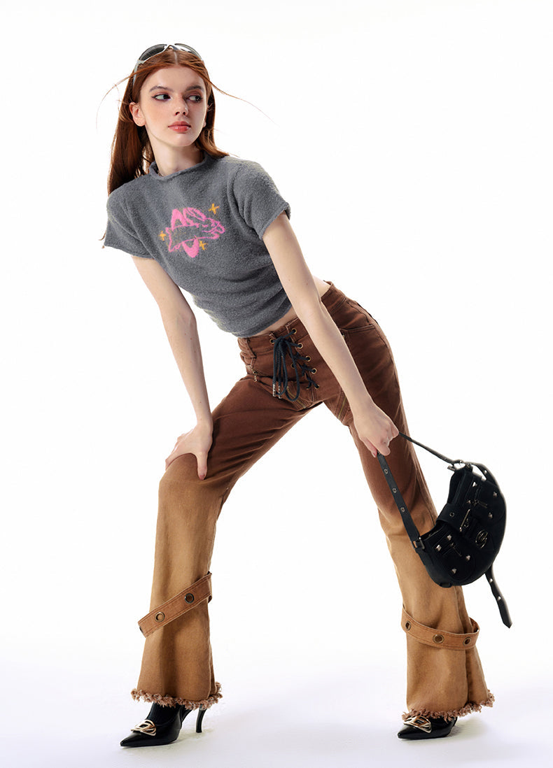 Backless Bucler Rabbit Print T-Shirt