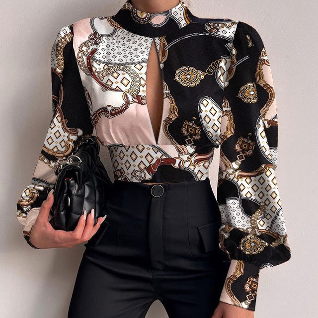 Designer Marble Puff Sleeve Backless Blouse