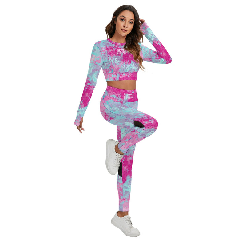 Sixty Eight 93 Logo White Blue Raspberry Women's Sport Set With Backless Top And Leggings