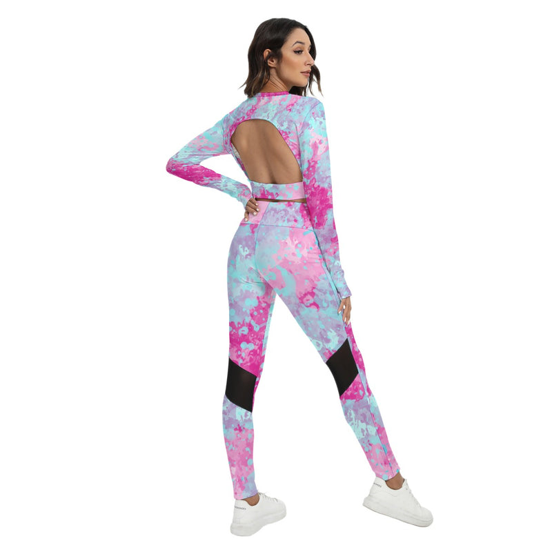 Sixty Eight 93 Logo White Blue Raspberry Women's Sport Set With Backless Top And Leggings