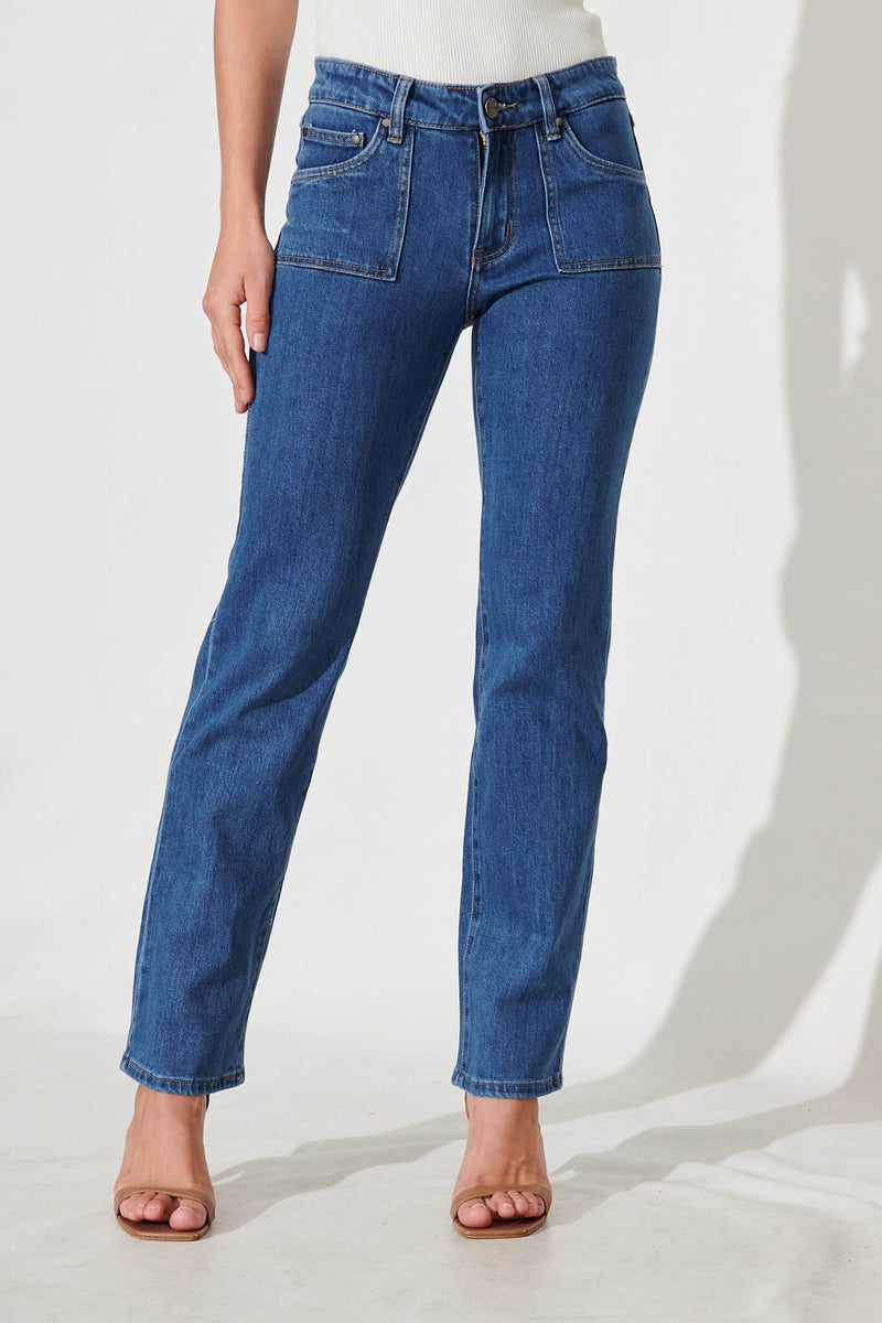 Grande Mid Rise Straight Leg Jean In Mid Blue Denim