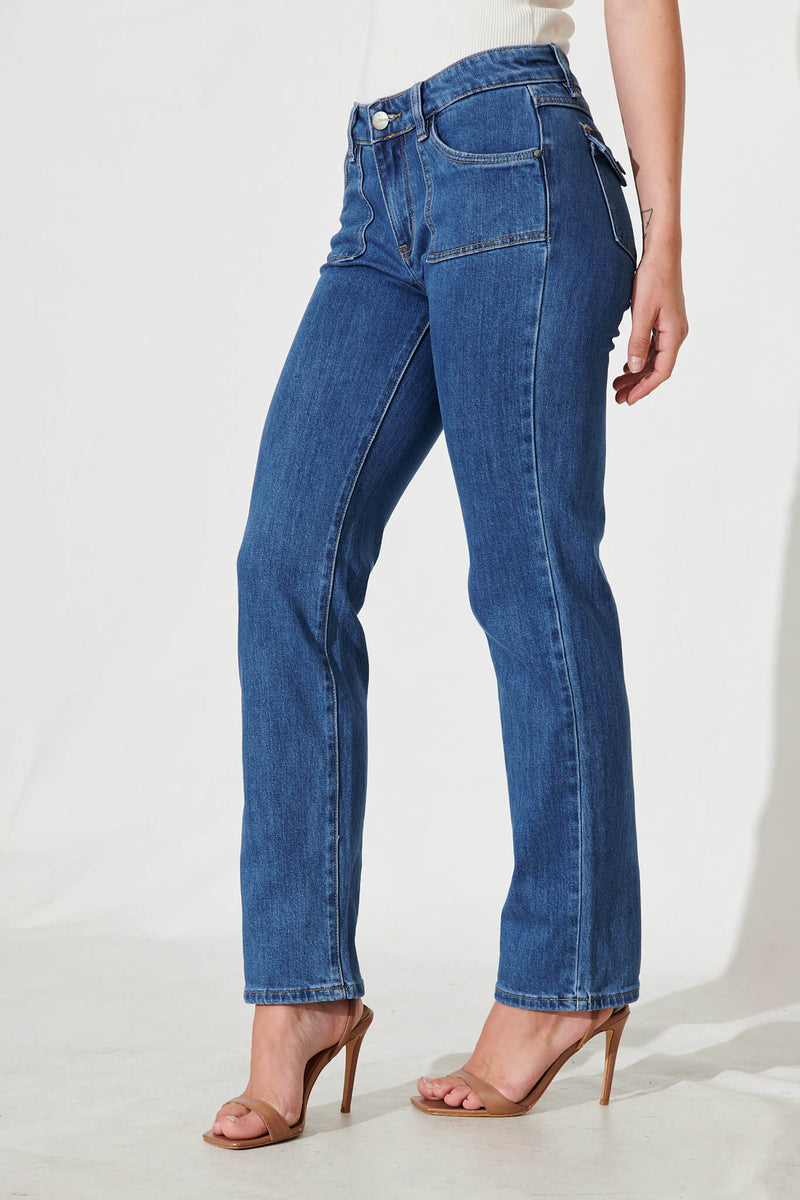 Grande Mid Rise Straight Leg Jean In Mid Blue Denim
