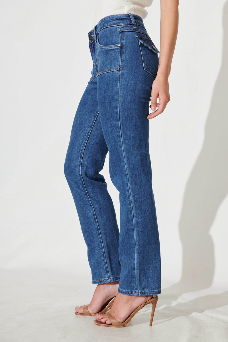 Grande Mid Rise Straight Leg Jean In Mid Blue Denim