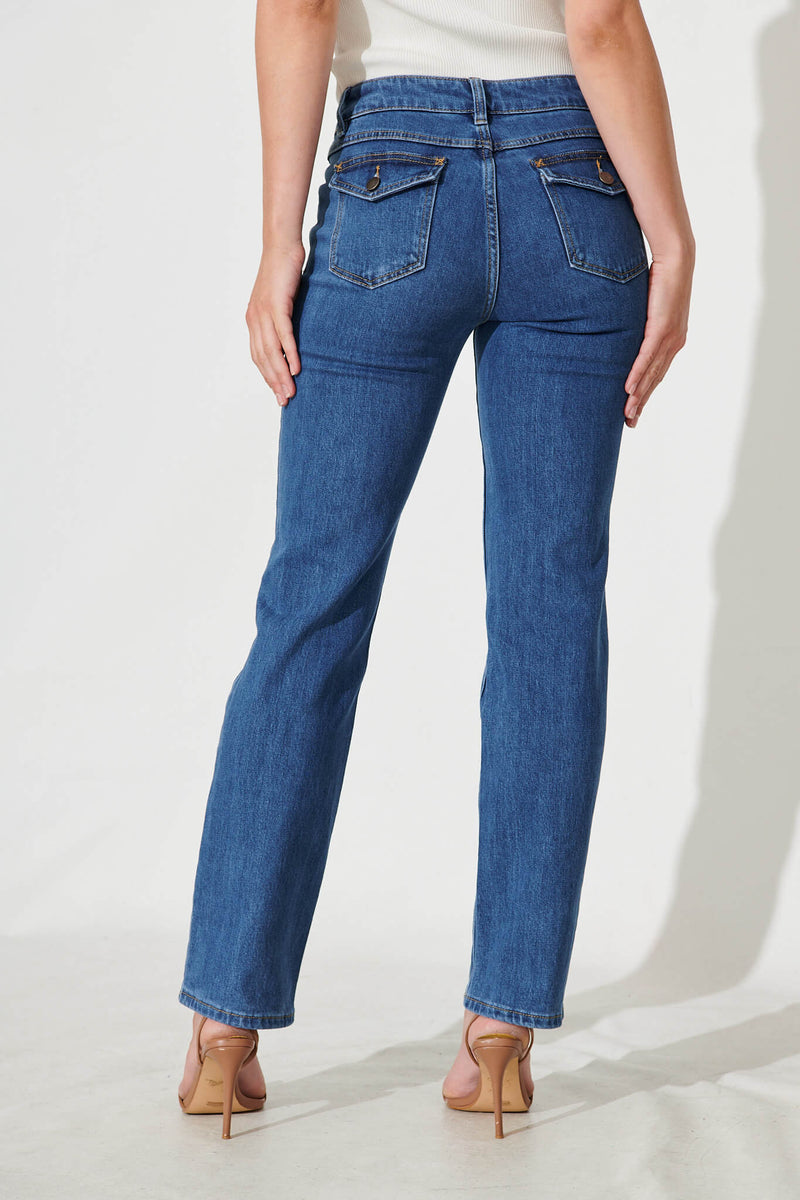 Grande Mid Rise Straight Leg Jean In Mid Blue Denim
