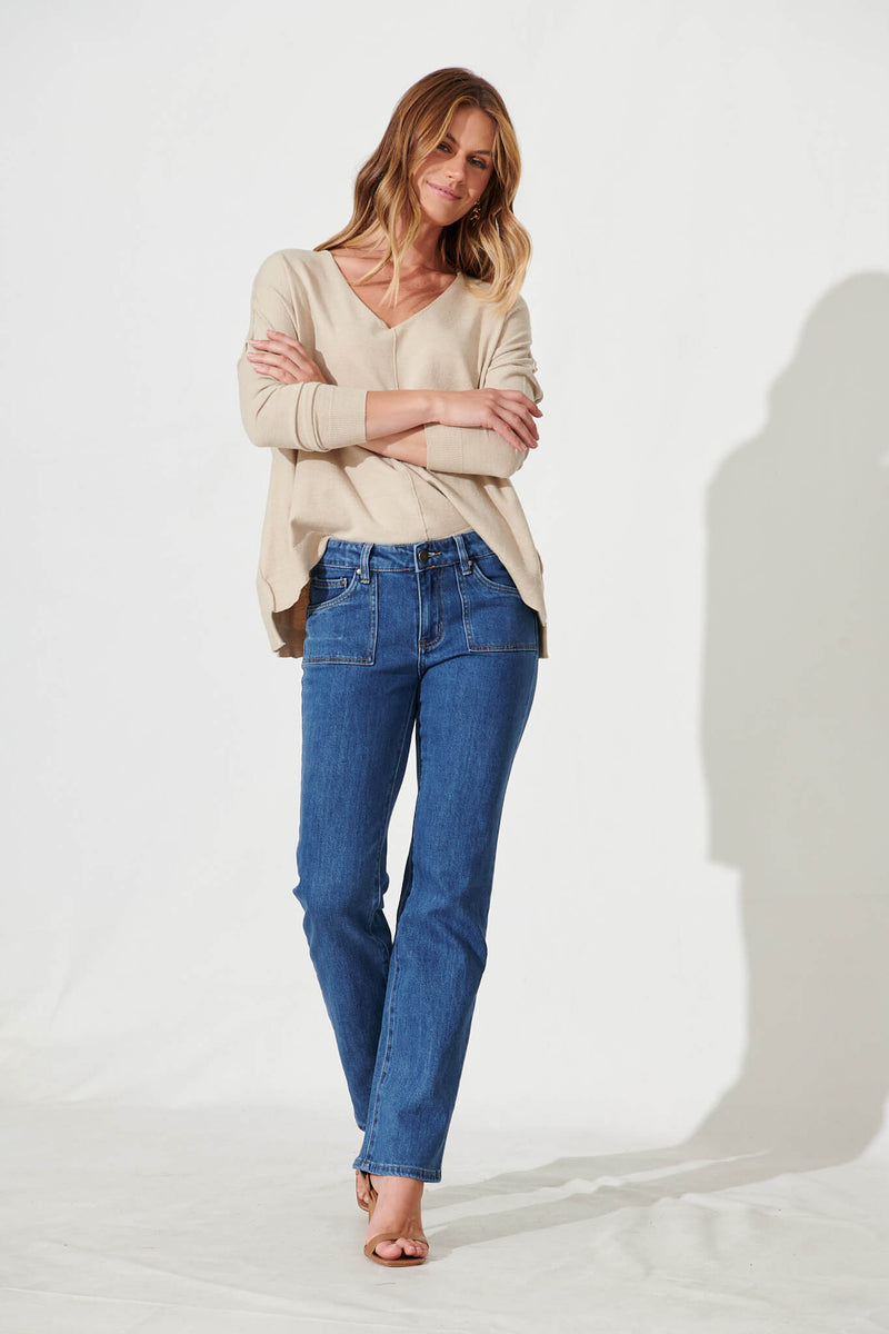 Grande Mid Rise Straight Leg Jean In Mid Blue Denim