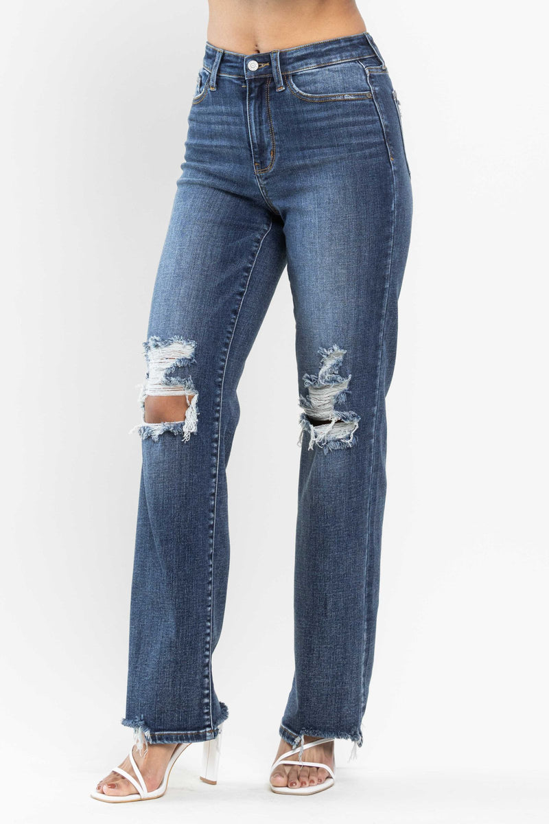 Judy Blue High Waist 90's Knee Destroy Straight Denim Jeans 82592