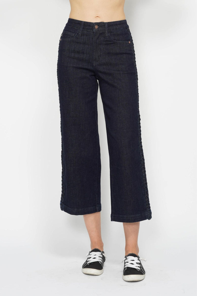 Judy Blue High Waist Side Seam Braid Detail Wide Leg Crop Denim Jeans 88851