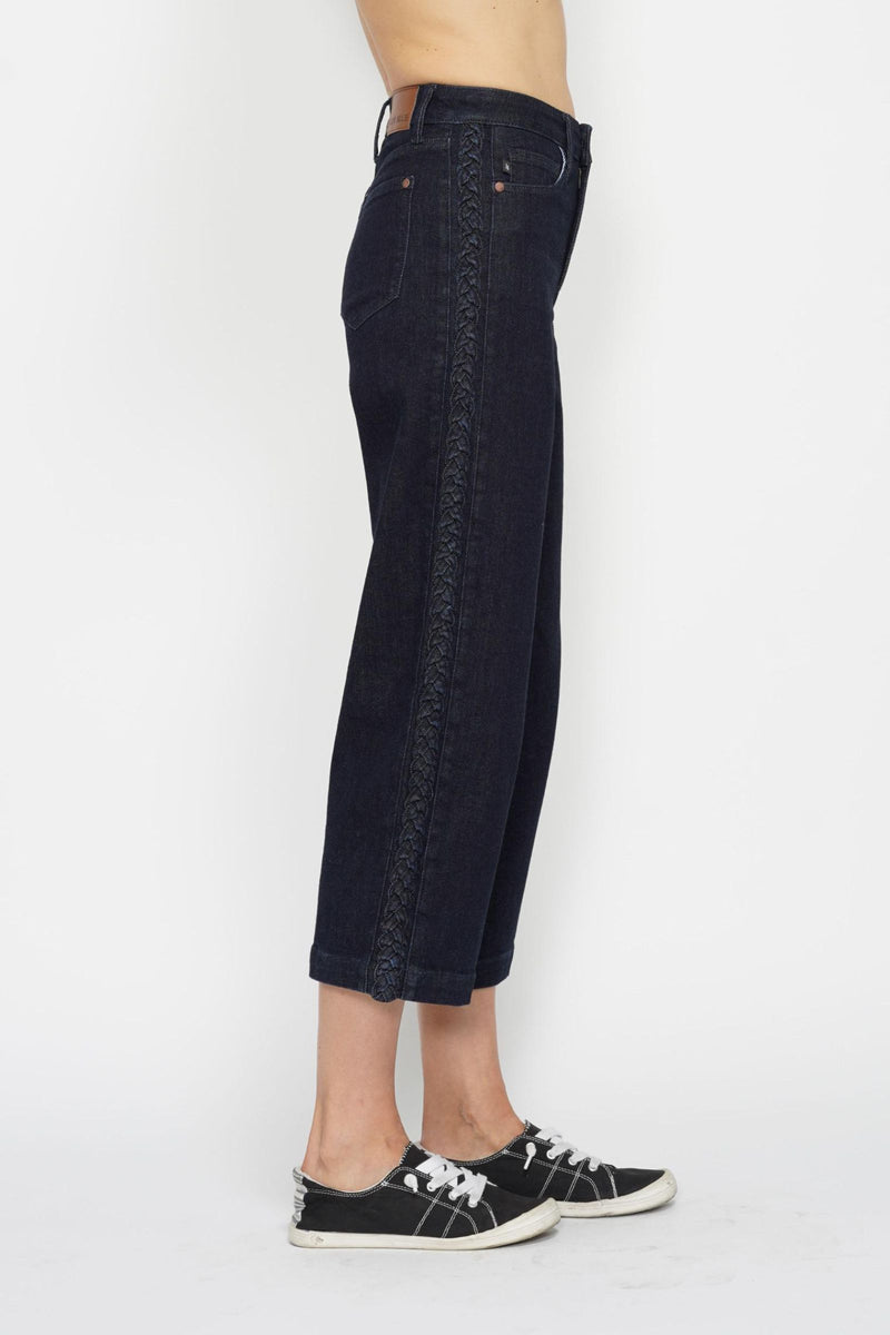 Judy Blue High Waist Side Seam Braid Detail Wide Leg Crop Denim Jeans 88851