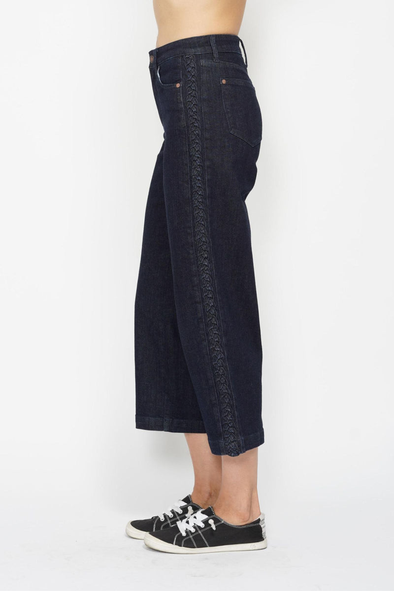 Judy Blue High Waist Side Seam Braid Detail Wide Leg Crop Denim Jeans 88851