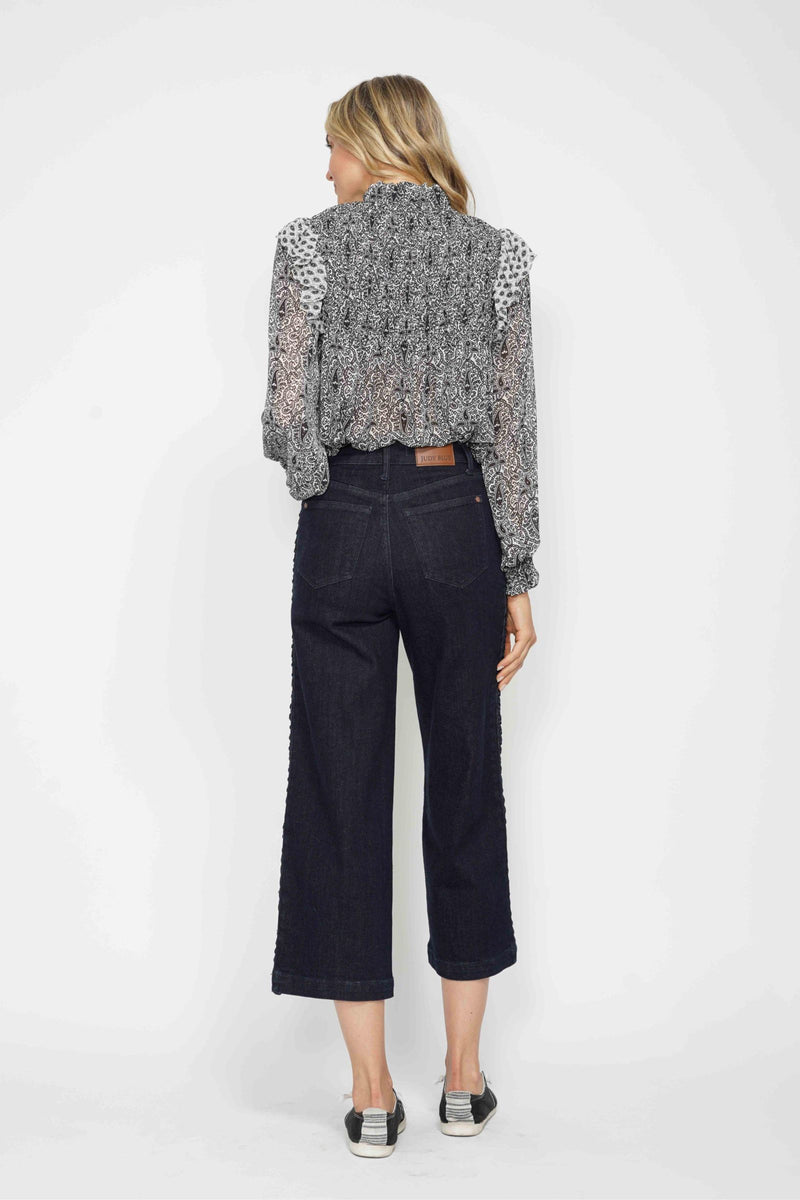 Judy Blue High Waist Side Seam Braid Detail Wide Leg Crop Denim Jeans 88851