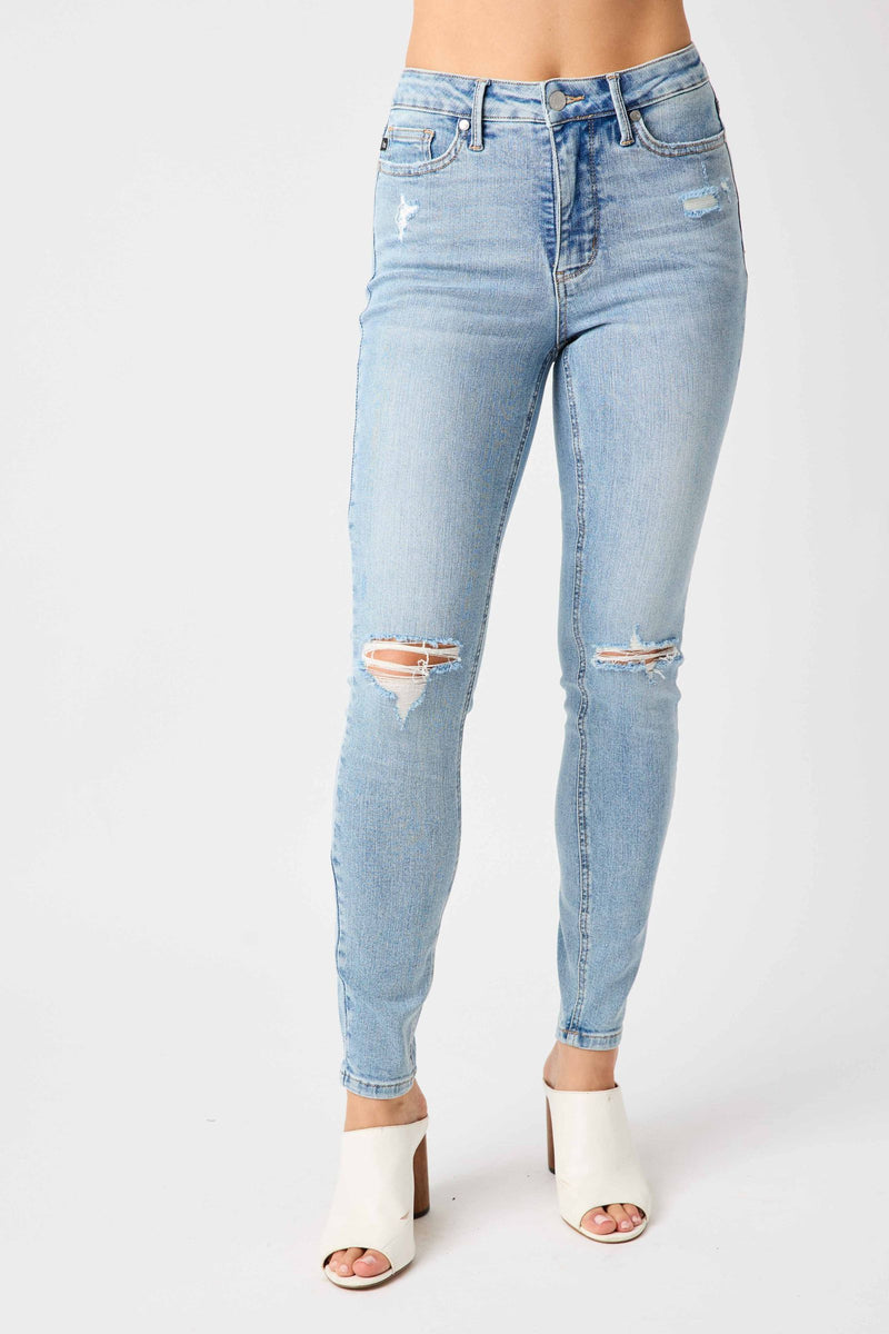 Judy Blue Mid Rise Tummy Control Destroy Skinny Denim Jeans 88797