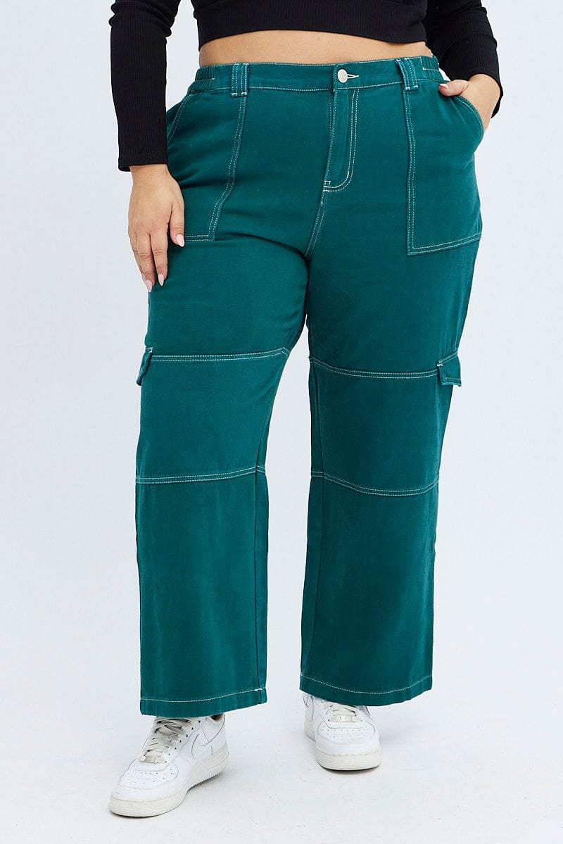 Green Cargo Denim Jeans High Rise