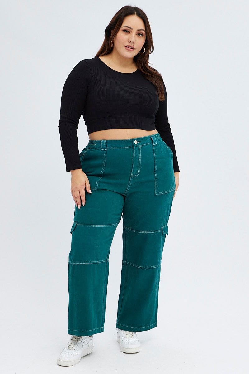 Green Cargo Denim Jeans High Rise