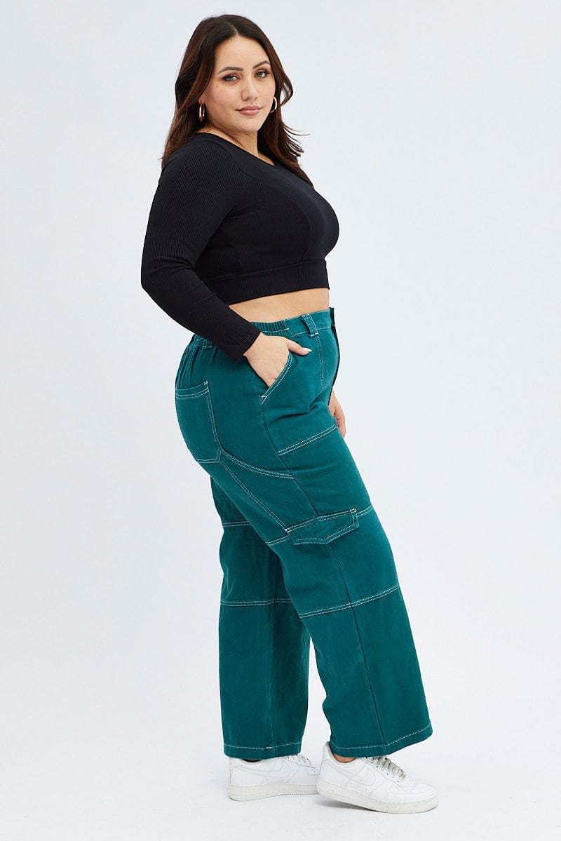 Green Cargo Denim Jeans High Rise