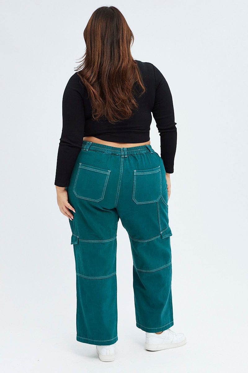 Green Cargo Denim Jeans High Rise