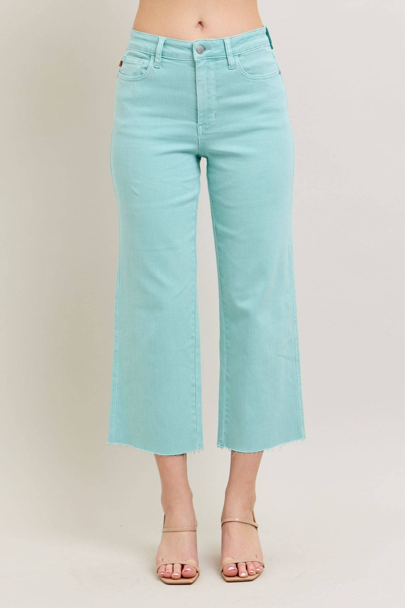 Judy Blue High Waist Garment Dyed Light Sky Blue Crop Wide Leg Denim Jeans 88984