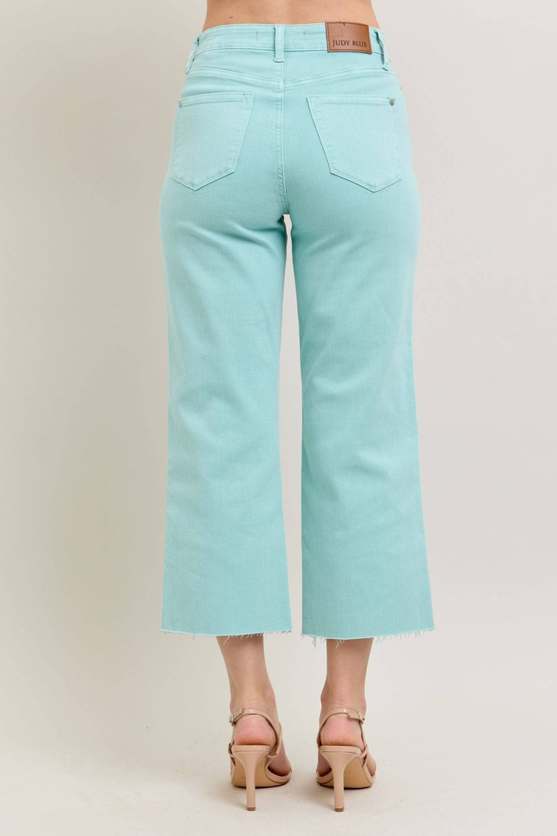 Judy Blue High Waist Garment Dyed Light Sky Blue Crop Wide Leg Denim Jeans 88984
