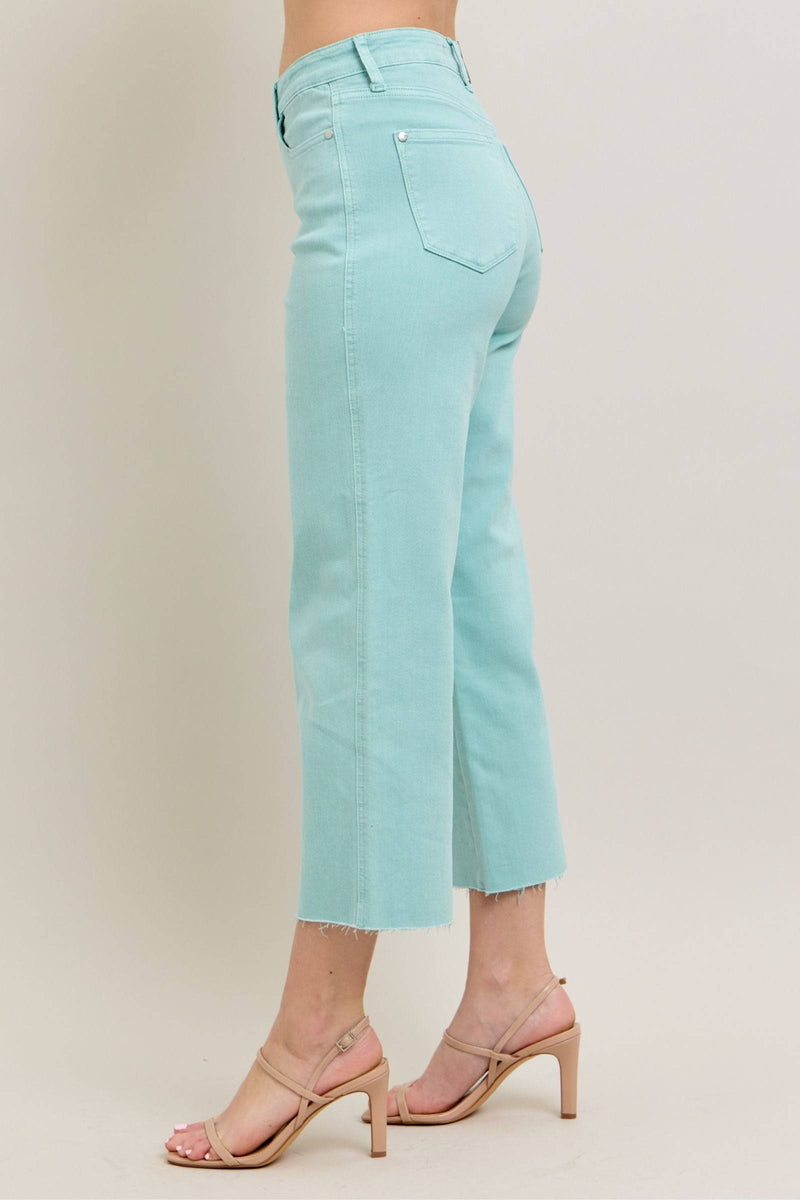 Judy Blue High Waist Garment Dyed Light Sky Blue Crop Wide Leg Denim Jeans 88984