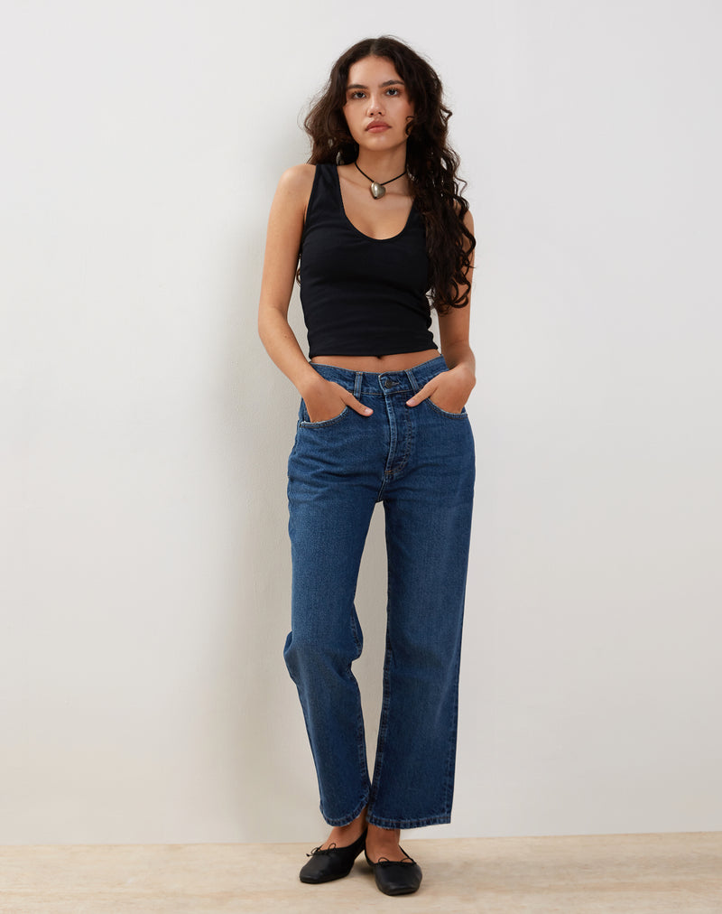 Mid Rise Straight Leg Jeans in Mid Blue Used Denim