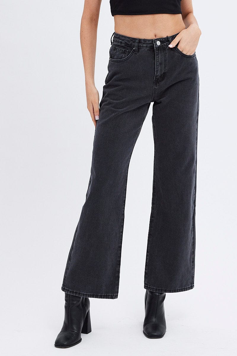 Grey Wide Leg Denim Jeans High rise