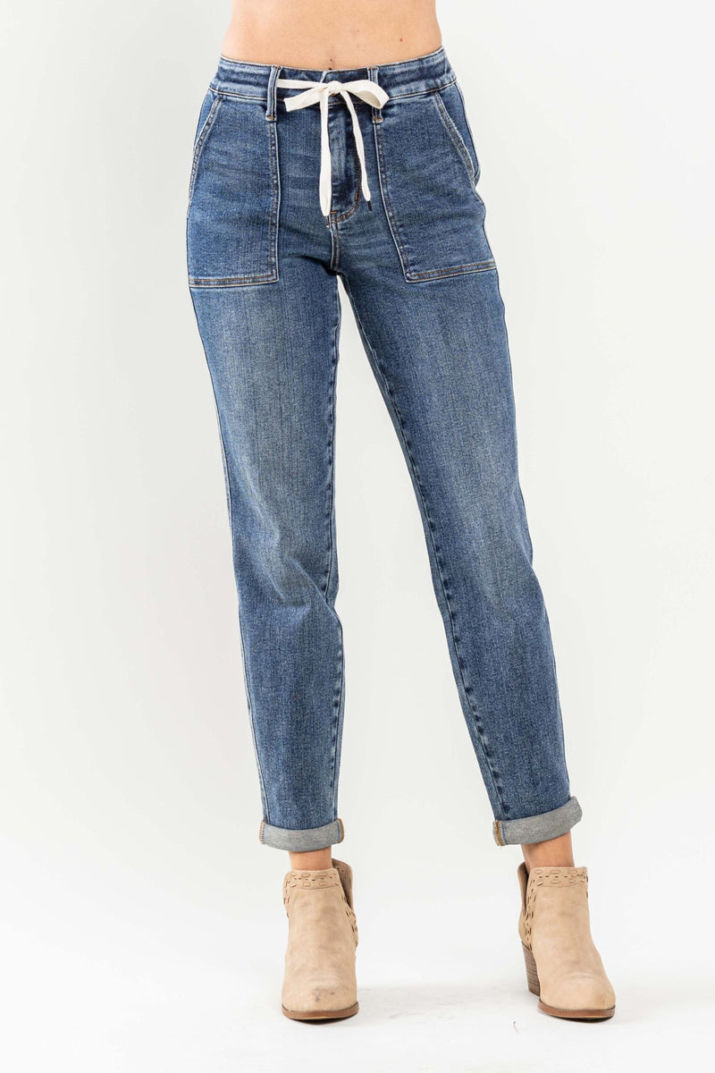 Judy Blue High Waist Elastic Drawstring Cuffed Jogger Denim Jeans 88779