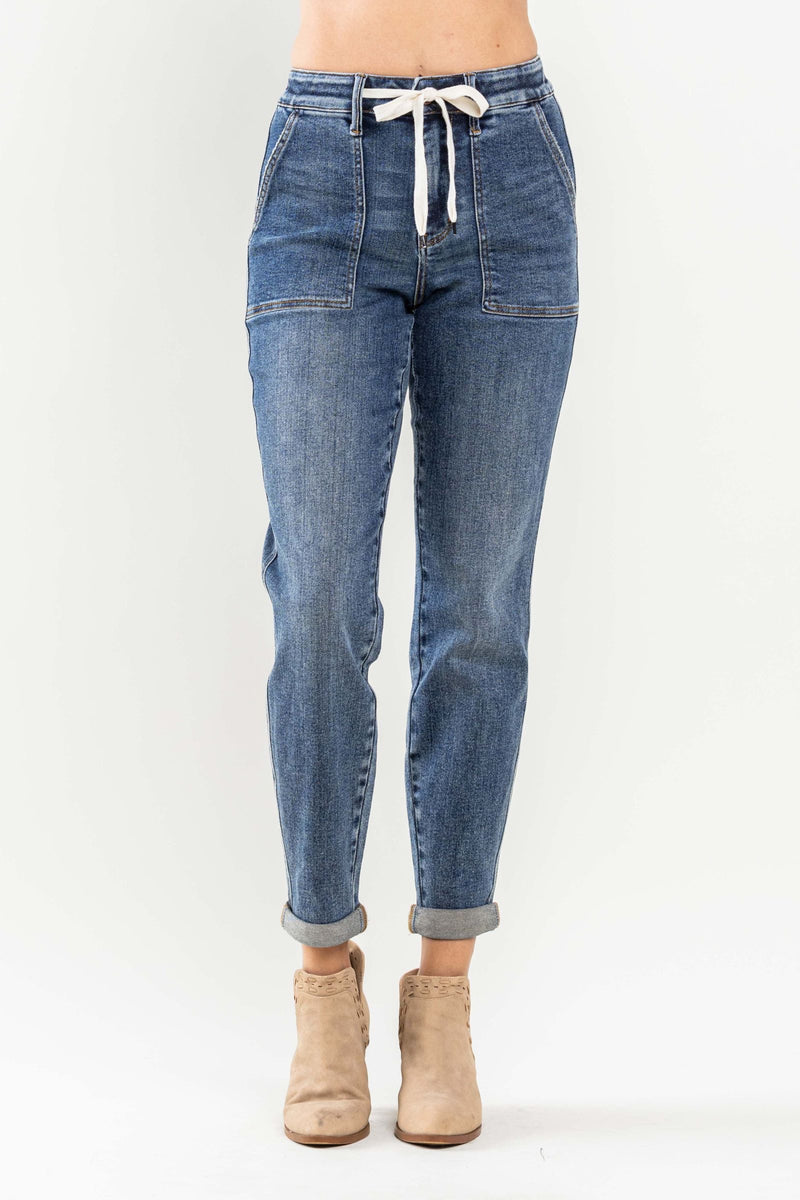 Judy Blue High Waist Elastic Drawstring Cuffed Jogger Denim Jeans 88779
