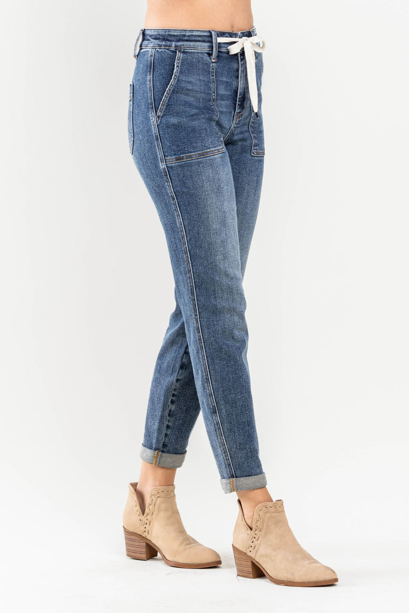 Judy Blue High Waist Elastic Drawstring Cuffed Jogger Denim Jeans 88779