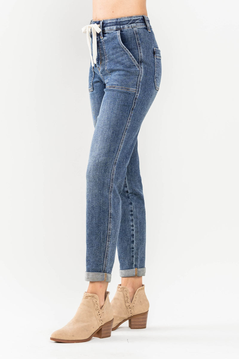 Judy Blue High Waist Elastic Drawstring Cuffed Jogger Denim Jeans 88779