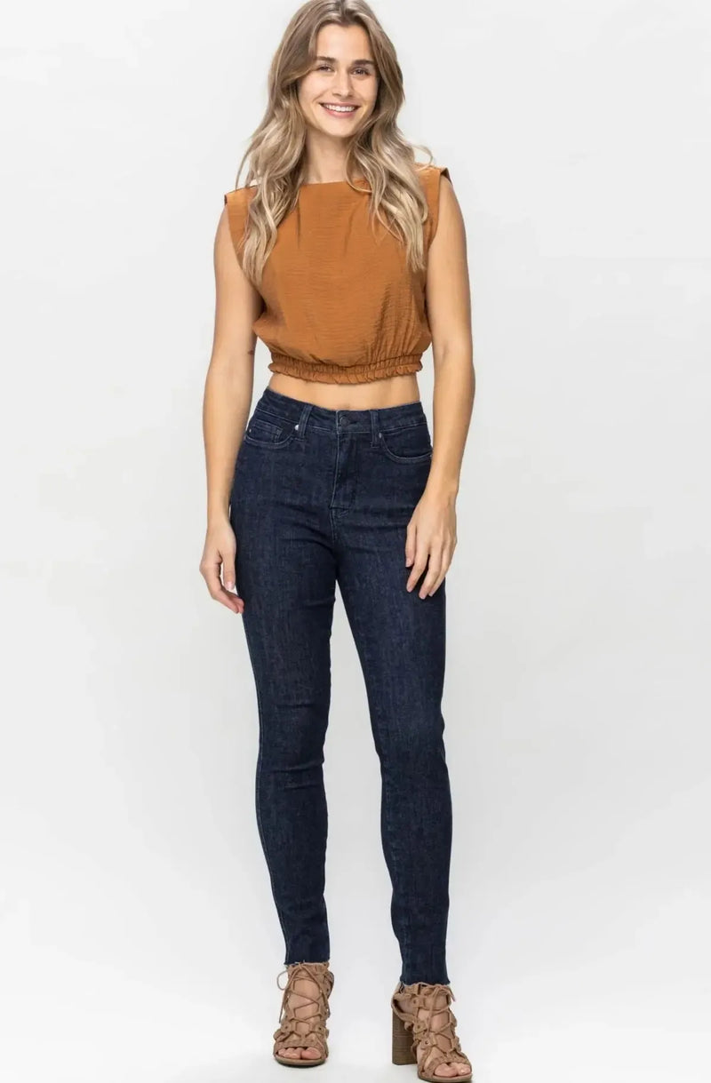 Judy Blue High Waist Tummy Control Raw Hem Skinny Denim Jeans 88703