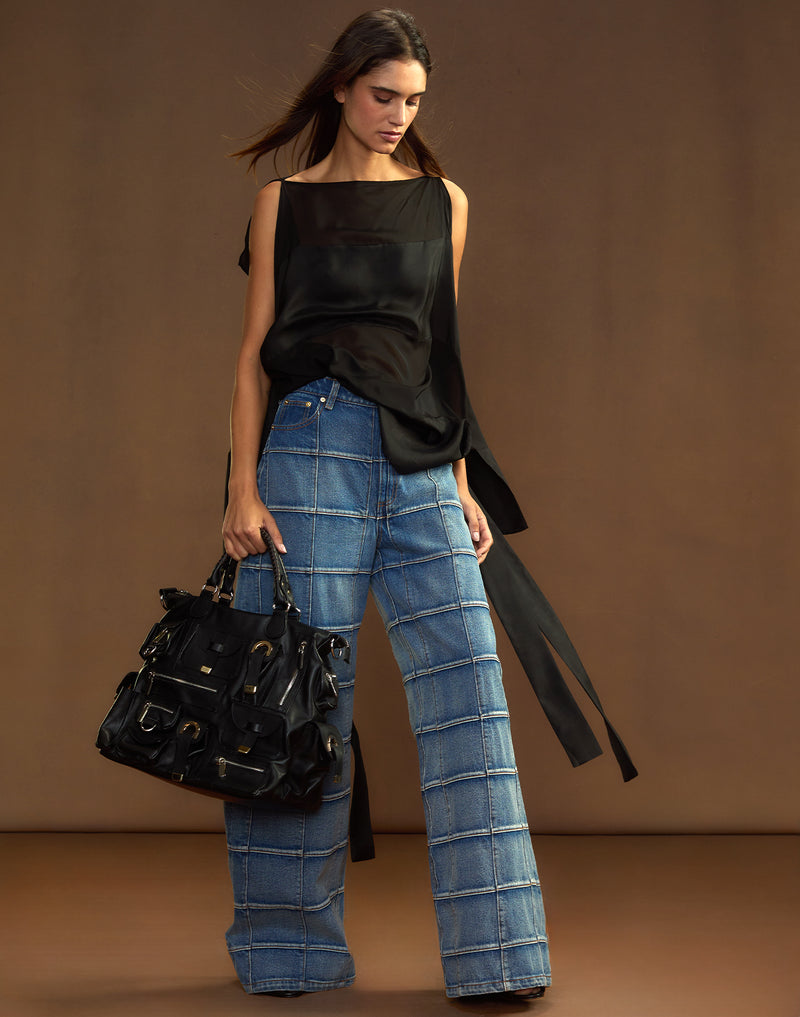 Windowpane Wide-Leg Jeans